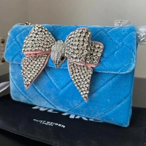 Kurt Geiger Blue Velvet Bag with Crystal Bow Rare Nwt & Dustcover - Picture 5 of 16